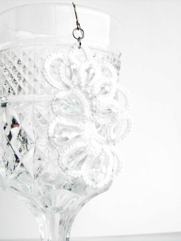 Sunlight on the Snow Ankars Style Tatted Drop Earring Snow-inspired earrings with teardrop Czech crystals