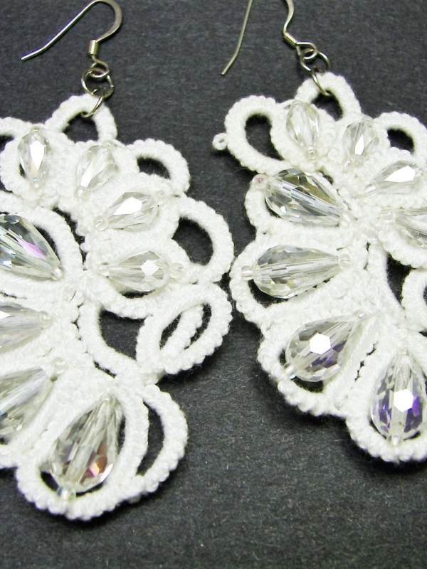 Sunlight on the Snow Ankars Style Tatted Drop Earring Close-up of lace earrings sparkling with clear crystals
