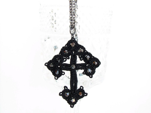 Jet Black Beaded Cross on Gunmetal Chain Needle Tatted