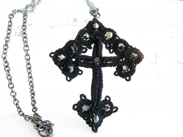 Jet Black Beaded Cross on Gunmetal Chain Needle Tatted