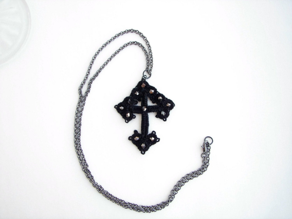 Jet Black Beaded Cross on Gunmetal Chain Needle Tatted