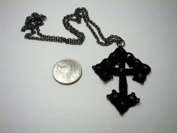 Jet Black Beaded Cross on Gunmetal Chain Needle Tatted