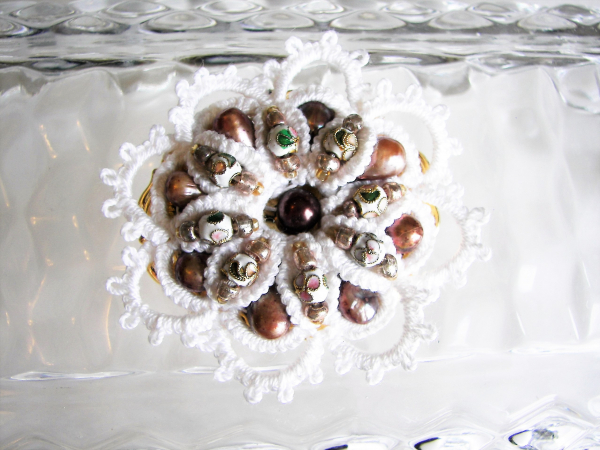 "Tea Rose Reliquary" Tatted Lace, Cloisonné, Pearl Brooch