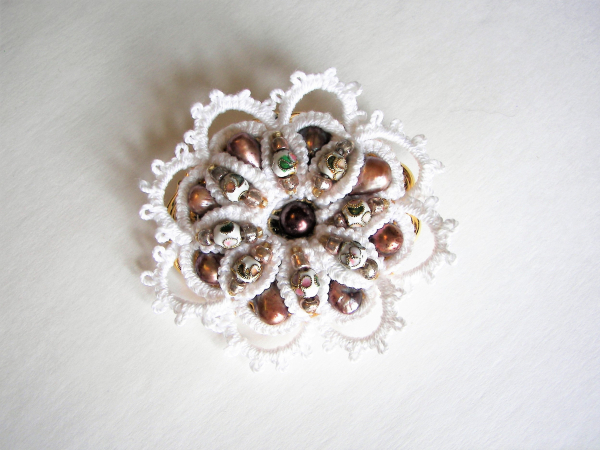 "Tea Rose Reliquary" Tatted Lace, Cloisonné, Pearl Brooch