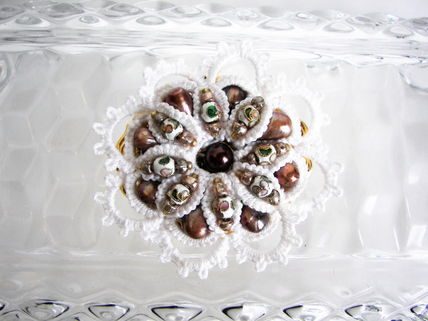 "Tea Rose Reliquary" Tatted Lace, Cloisonné, Pearl Brooch
