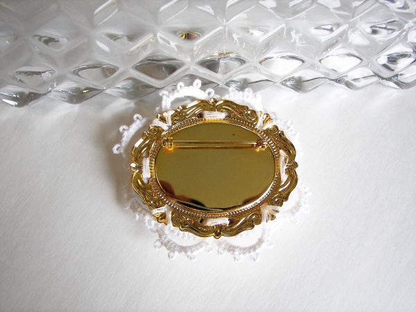 "Tea Rose Reliquary" Tatted Lace, Cloisonné, Pearl Brooch