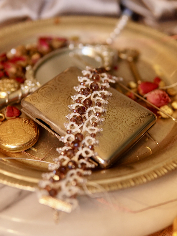 Romantic white lace bracelet with amethyst and pearl tones