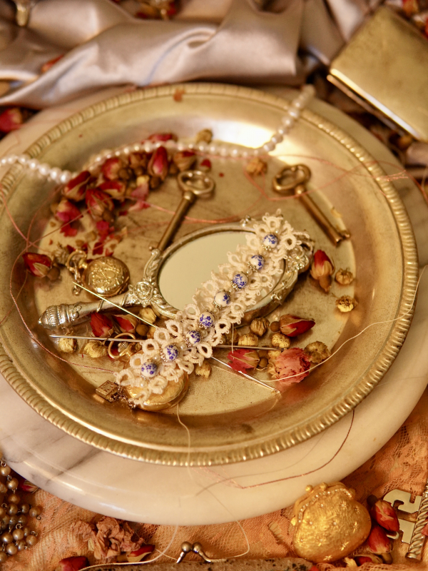 Willow Ware lace bracelet styled with vintage keys and botanicals
