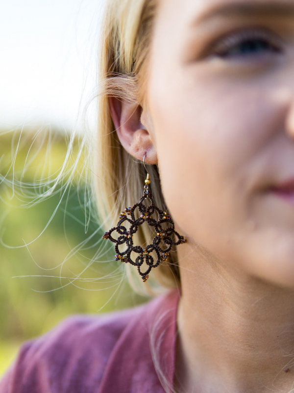 Boho lace jewelry, brown tatted earrings by A Knotted Life.