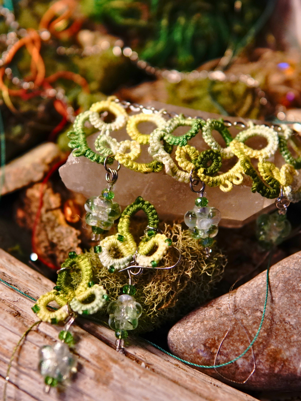 Canopy Light green tatted lace necklace and earrings set Green and clear bead lace necklace with matching earrings