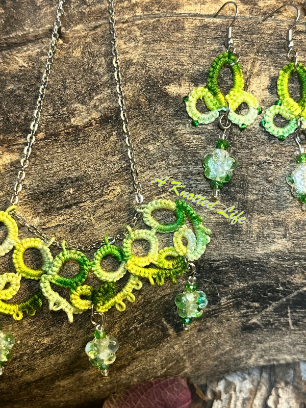 Canopy Light green tatted lace necklace and earrings set Lace necklace with green rings and glass flower drops