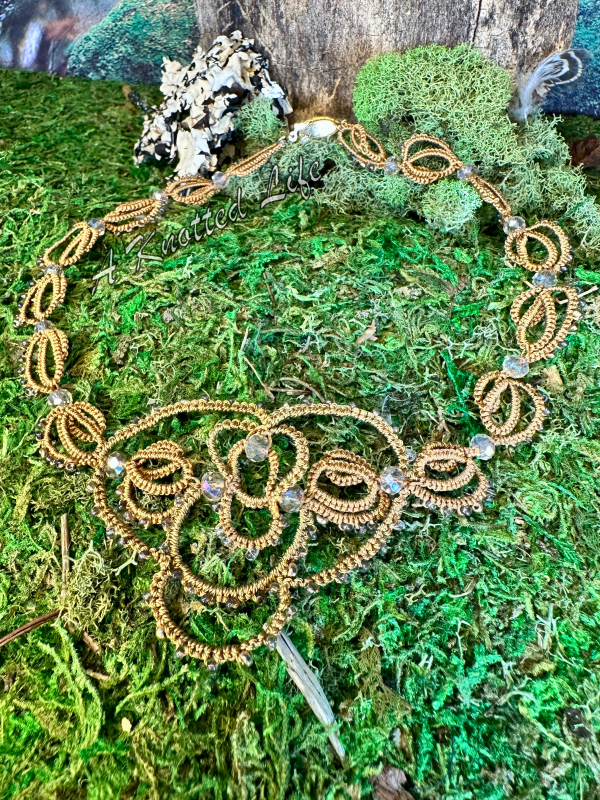 Woodland necklace honoring the pulse of the forest Brown tatted necklace shown on moss and wood