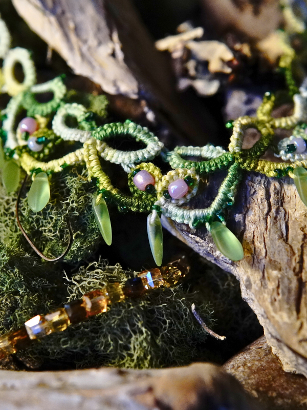 Spring Has Sprung green tatted lace necklace and earrings set Spring-themed green lace jewelry set with pink and dew-drop beads