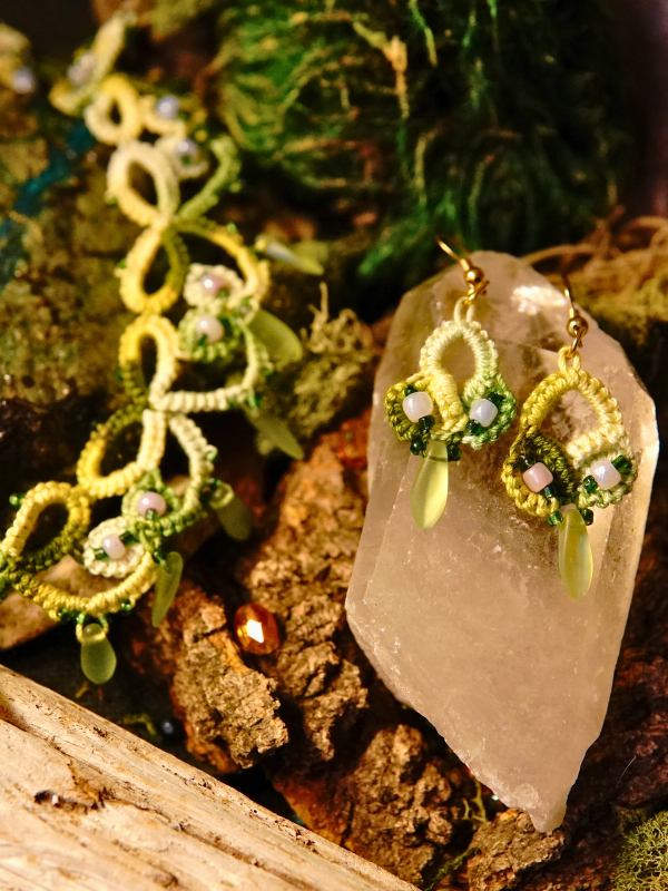 Spring Has Sprung green tatted lace necklace and earrings set Green lace necklace with frosted drops and matching earrings