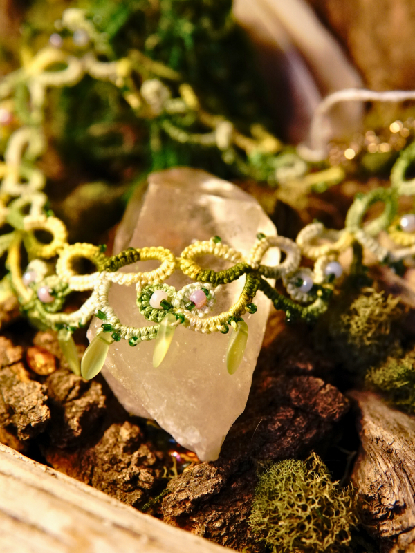 Spring Has Sprung green tatted lace necklace and earrings set Variegated green lace jewelry set with pastel pink accents