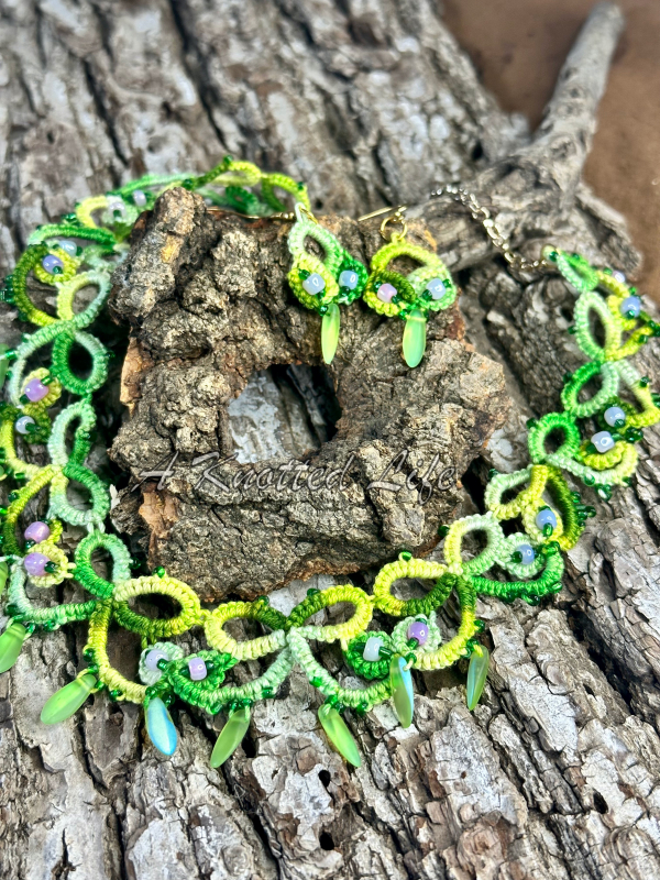 Spring Has Sprung green tatted lace necklace and earrings set Spring lace necklace with green rings and frosty bead drops