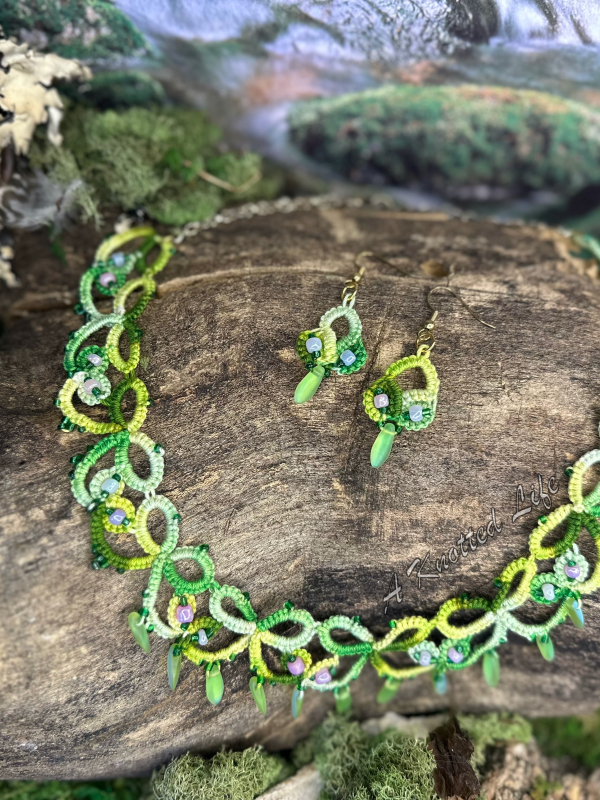 Spring Has Sprung green tatted lace necklace and earrings set Forest-inspired tatted necklace with matching earrings