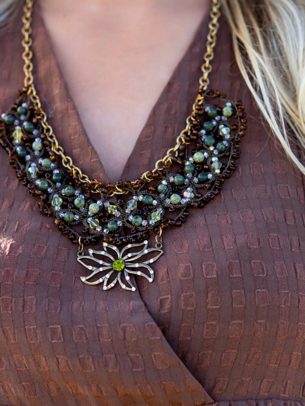 Sunlight on the Woodland Floor necklace with serpentine and peridot Brown lace necklace featuring green stones and crystal shimmer