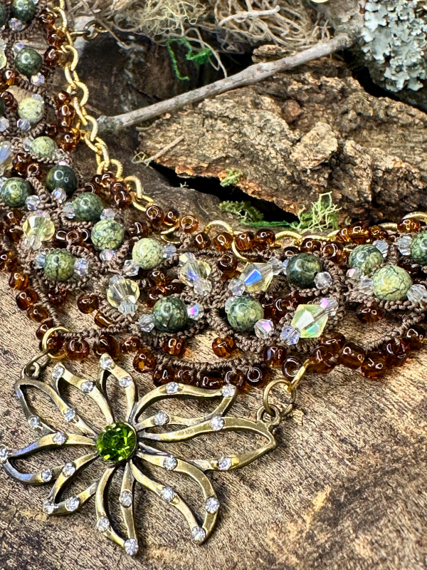 Sunlight on the Woodland Floor necklace with serpentine and peridot Earthy brown lace necklace with green stones and crystal sparkle
