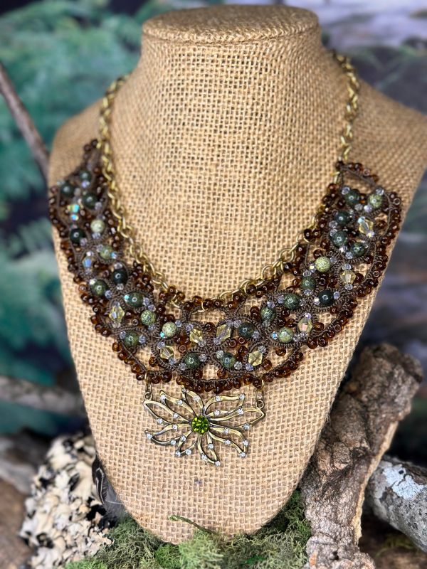 Sunlight on the Woodland Floor necklace with serpentine and peridot Woodland necklace with serpentine, peridot, and brass focal bloom