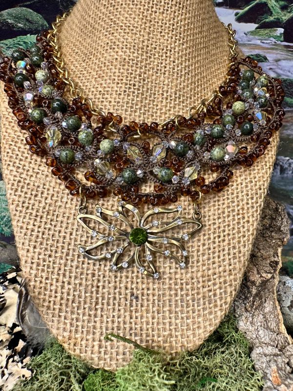 Sunlight on the Woodland Floor necklace with serpentine and peridot Brown tatted lace necklace with green serpentine and crystal accents