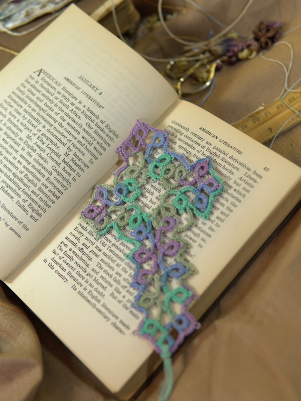 Sea & Meadow Cross Bookmark Handmade tatted lace cross bookmark in teal, green, and purple variegated thread