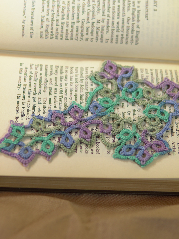 Sea & Meadow Cross Bookmark A delicate tatted lace cross bookmark in soft sea-green and lavender tones
