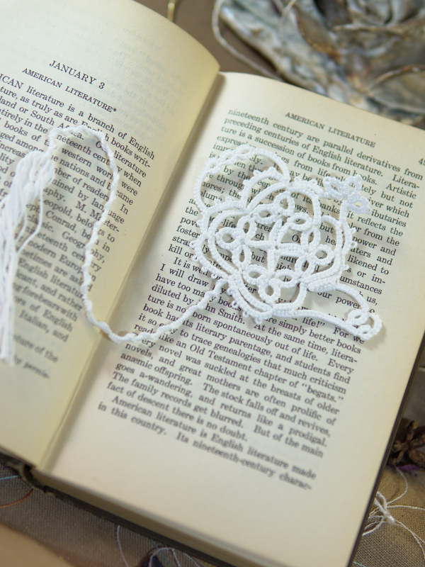 Teapot Lace Bookmark – White Handmade white lace teapot bookmark displayed across open vintage book