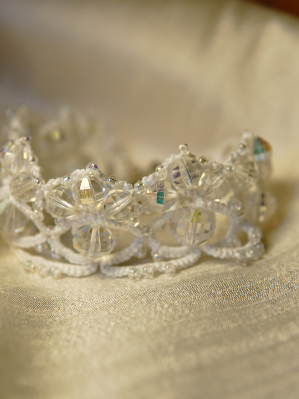 Crystalfathom Bracelet – White Tatted Lace with Vintage Swarovski Crystals Crystalfathom bracelet showing crystal clarity