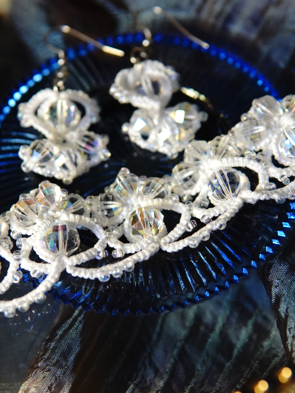 Crystalfathom Bracelet – White Tatted Lace with Vintage Swarovski Crystals White bracelet with sparkling vintage crystal accents