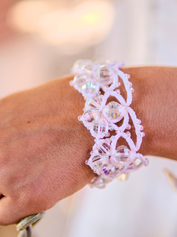 Crystalfathom Bracelet – White Tatted Lace with Vintage Swarovski Crystals White tatted bracelet glowing with crystal facets
