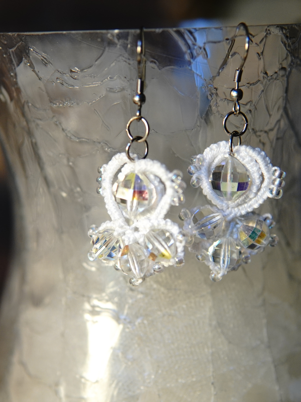 Crystalfathom Earrings – white lace and vintage Swarovski White tatted earrings with vintage Swarovski crystals