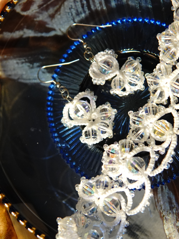 Crystalfathom Earrings – white lace and vintage Swarovski Crystalfathom earrings with clear crystal shimmer