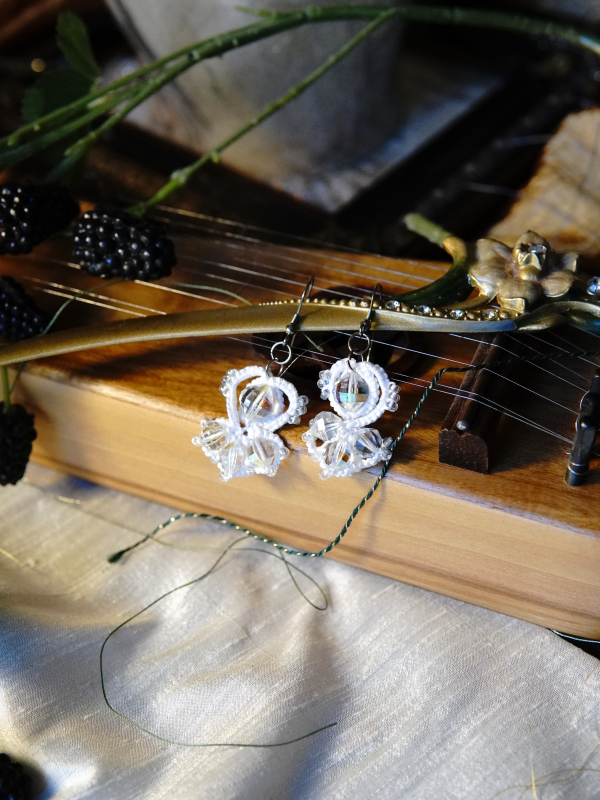 Crystalfathom Earrings – white lace and vintage Swarovski Crystal-accented tatted earrings with elven elegance