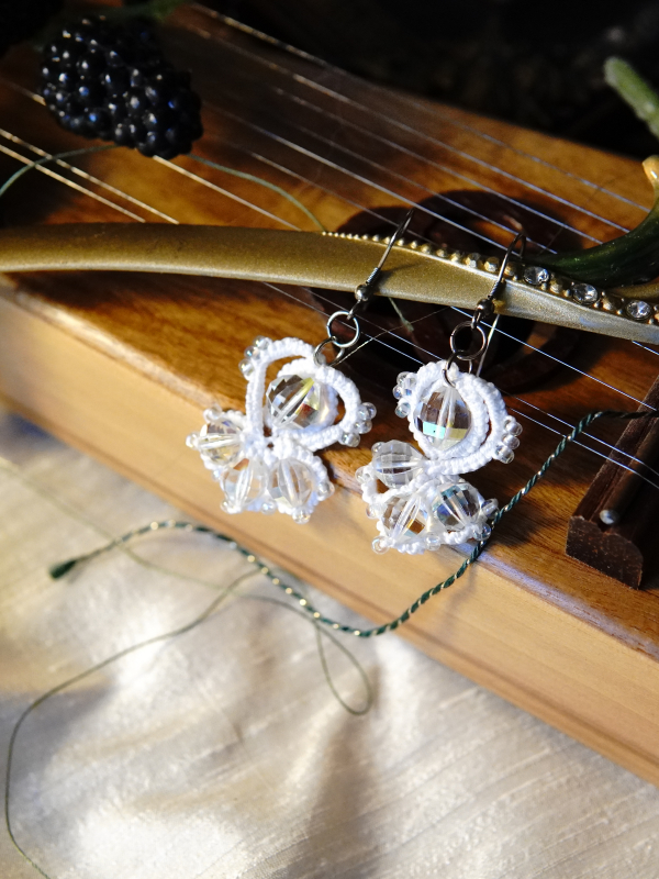 Crystalfathom Earrings – white lace and vintage Swarovski White tatted earrings with vintage Swarovski crystals