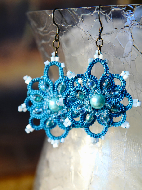 Duchess Drops aqua Ankars earrings with pearls Shimmering aqua, pearl, and frost earrings in Ankars style.