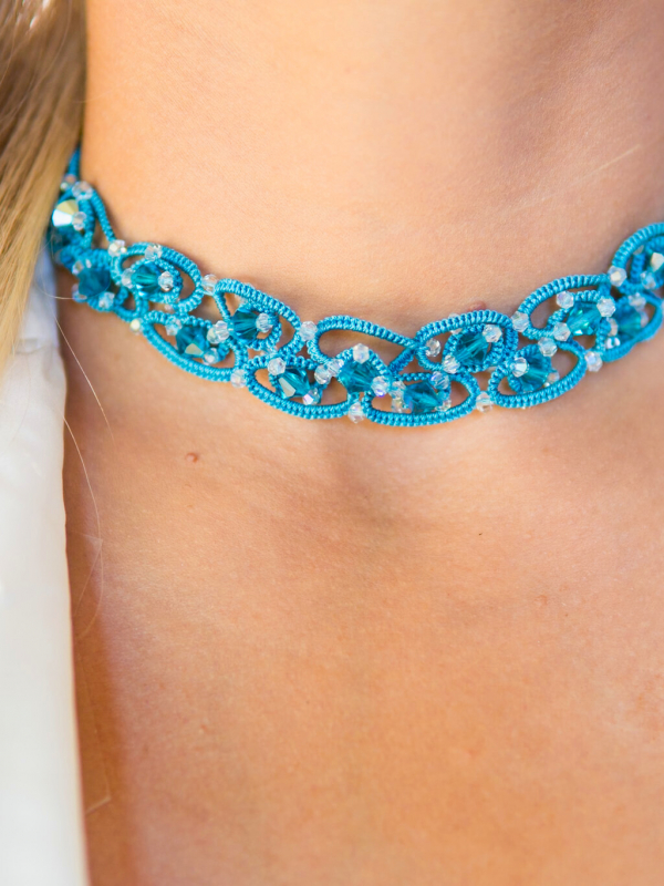 Glassworn Grace Swarovski tatted choker Close-up of Swarovski beads in tatted lace