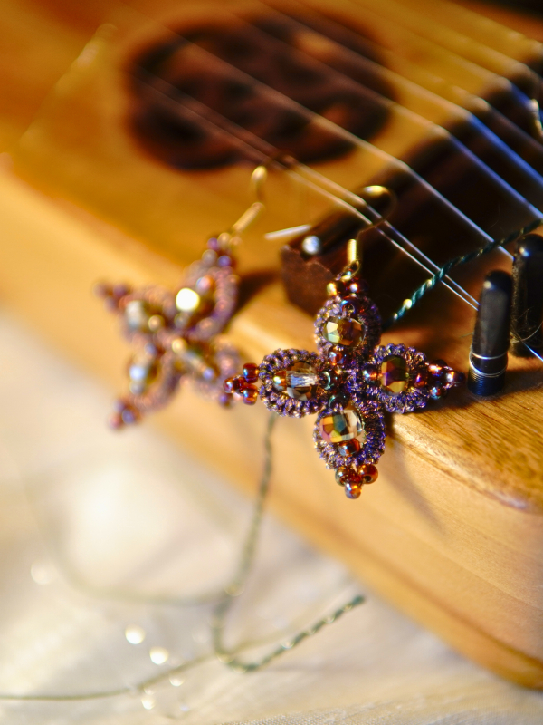 Starweft Blossom tatted lace earrings in pink and crystal Detailed view of crystal beads in the Starweft Blossom design.