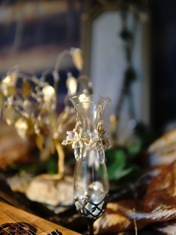 Sunstar golden tatted lace earrings with crystal drops Yellow and gold lace earrings with crystal accents