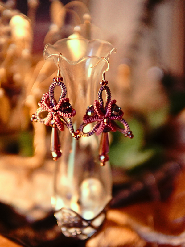Sylmeriel’s Bloom rose lace earrings with crystal drops Sylmeriel’s Bloom earrings in warm evening light