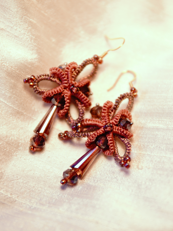 Sylmeriel’s Bloom rose lace earrings with crystal drops Pink folded-ring earrings on cream backdrop