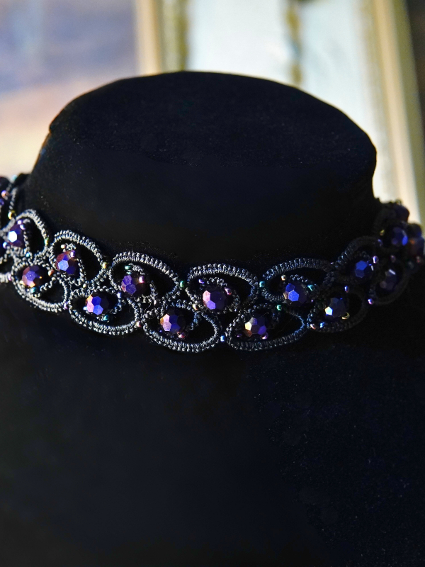 Velasyl’s Bloom tatted lace elven-inspired choker Black tatted lace choker with violet crystals.