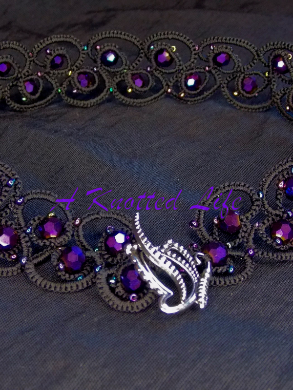 Velasyl’s Bloom tatted lace elven-inspired choker Violet crystals set in black lace.