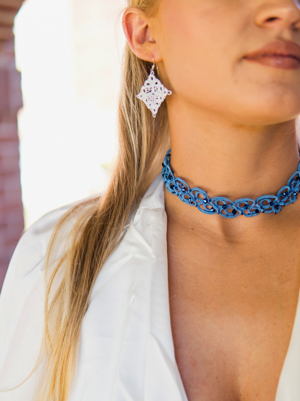 Alaria twilight blue tatted lace choker Tatted choker with beaded accents on model