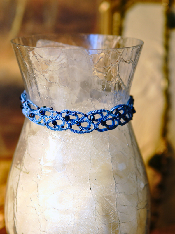 Alaria twilight blue tatted lace choker Detailed view of the choker’s linked oval motifs