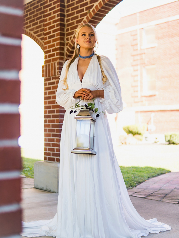Alaria twilight blue tatted lace choker Model in warm light wearing Alaria choker
