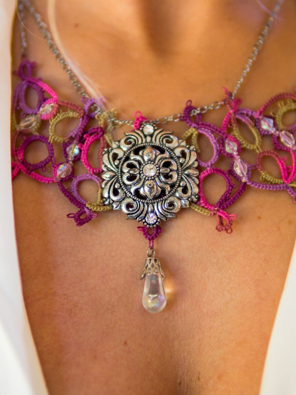 Raspberry Rain tatted necklace with silver sigil and crystal drop Close-up of Raspberry Rain necklace with ornate silver focal and drop