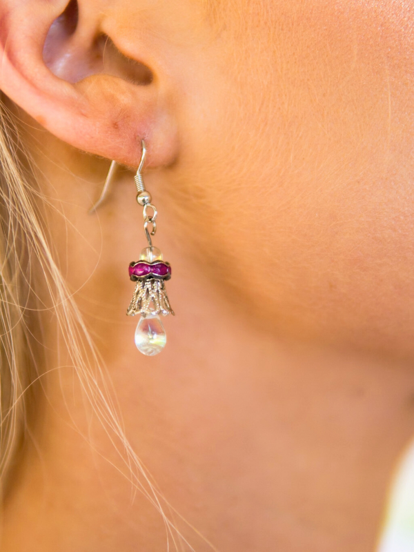 Raspberry Rain tatted necklace with silver sigil and crystal drop Matching crystal drop earrings styled on model