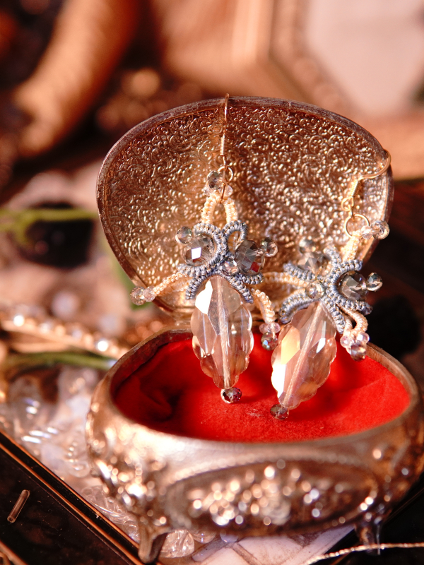 Bright sky-inspired lace earrings from Aeluin Yellow and sky blue tatted earrings with crystals