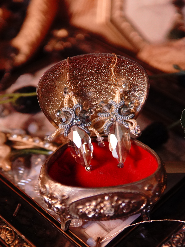 Bright sky-inspired lace earrings from Aeluin Yellow and blue lace earrings in silver jewelry box